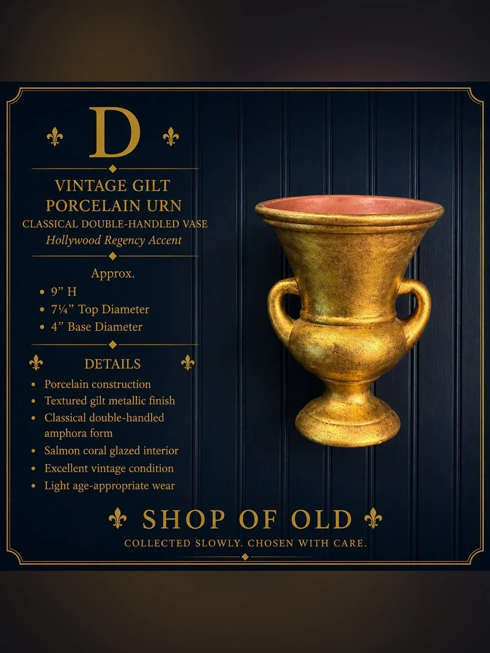 Vintage Gilt Porcelain Urn | Hollywood Regency Double-Handled Vase